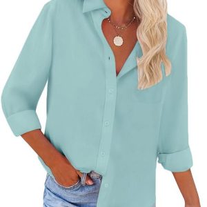 Womens Button Down Shirts Long Sleeve Wrinkle Free Work Office Button Up Dress Shirt with Pocket