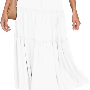 Women's Boho Elastic High Waist A Line Ruffle Swing Beach Maxi Skirt with Pockets