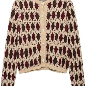 Trendy Fall Argyle Cardigan for Women  Preppy Plaid Knit Sweater Round Neck Button Down Knitwear