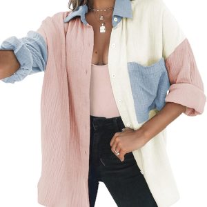 Womens Color Block Button Down Shirts Long Sleeve Oversized Boyfriend Blouses Tops