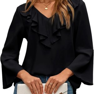 Womens Dressy Casual Blouses 3/4 Sleeve Fall Tops  Ruffle V Neck Business Shirts