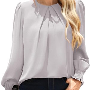 Womens Dressy Business Casual Tops, Pleated Long Sleeve Shirts, Office Work Blouses
