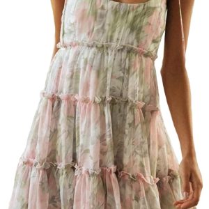 Women's  Summer Floral Mini Dress Boho Flowy Skater Dresses Short Sleeveless Ruffle Spaghetti Strap Dress