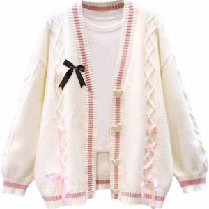 Women’s Cute Sweet Cardigan Sweater Kawaii Love Button Long Sleeve V-Neck Bowknot Knitted Outerwear