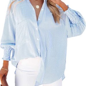 Womens Smocked Cuffed Striped Boyfriend Shirt Casual Collar Long Sleeve Oversized Button Down Blouse Tops with Pocket Shirred