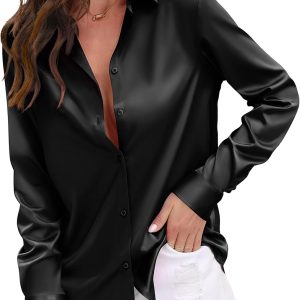 Womens Soft Satin Silk Leopard Button Down Shirts for Women Silky Long Sleeve Work Shirt Dress Blouses Tops