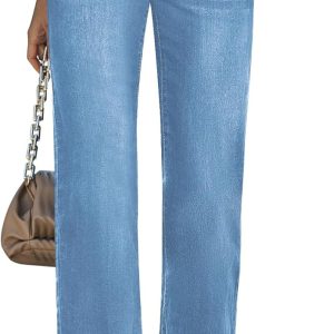 Straight Leg Jeans for Women High Waisted Stretchy Frayed Raw Hem Loose Denim Pants Casual Baggy Jean Trousers
