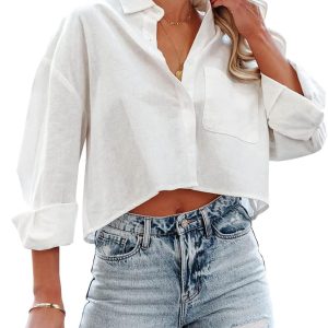 Womens Button Down Cropped Shirts Long Sleeve Casual Crop Tops Solid Lapel Blouse Shirt with Chest Pocket