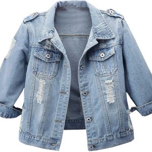 Women Autumn 3/4 Sleeve Retro Short Denim Jackets Light Blue Jean Coats