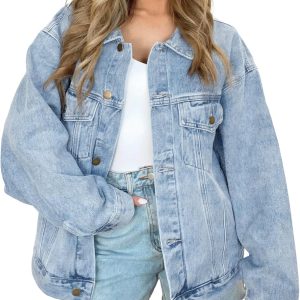 Women Jean Jacket Denim Long Sleeve d Button Down Shirts Trendy Coat Fall Fashion Winter Clothes Outfit