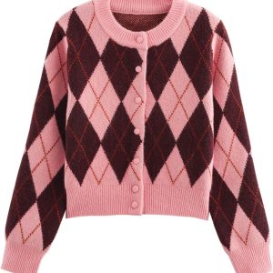 Argyle Sweater Women Vintage Knit Cardigan Sweater Long Sleeve Button Down Soft Outwear for Fall Spring