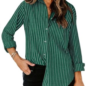 Womens Button Down Shirts Cotton Striped Dress Shirt Long Sleeve Collared Office Work Blouses Tops