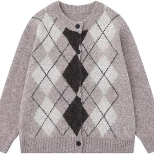 Women’s Vintage Argyle Knit Cardigan Preppy Style Button Down Sweater with Long Sleeves
