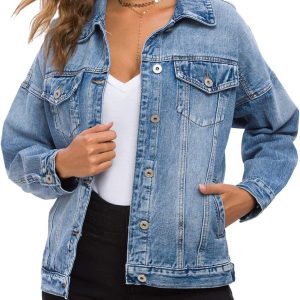 Women  Vintage Washed Denim Jacket Long Sleeve Classic Loose Jean Trucker Jacket D003