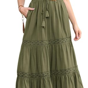 Women Renaissance Skirt  Lace Trim Tiered Maxi Skirts with Pockets