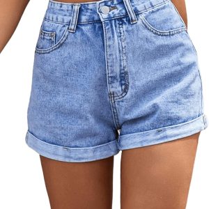 Women's High Rise Roll Up Hem Straight Leg Denim Jean Shorts with Pocket