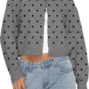 Women  Polka Dot Button Up Open Front Crop Cardigan Sweater Long Sleeve Crewneck Knit Tops Cute Fall Outfits