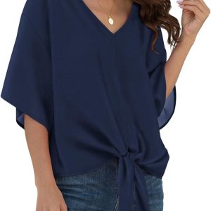 Womens Tie Front Chiffon Blouses V Neck Batwing Short Sleeve Summer Floral Tops Shirts