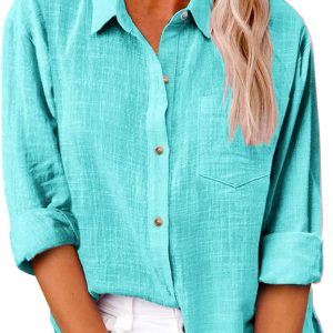 Button Down Shirts for Women Gauze Cotton Long Sleeve Shirt Collared Plus Size Blouses  Summer Linen Tops Clothing