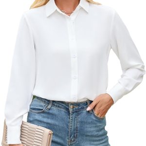 Womens Button Down Shirt Long Sleeve Classic Collared Tops Work Office Casual Chiffon Blouse