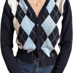 Womens Sweaters,Women Long Sleeve Knitted Cardigan Vintage Argyle Sweater Coat Button Down Crop Top Outwear