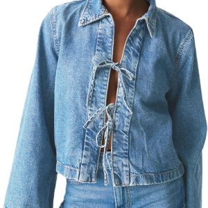 Women Fashion Cropped Denim Jacket Tie Front Lapel Neck Long Sleeve Jean Coat Lightweight Shacket Fall Blouse