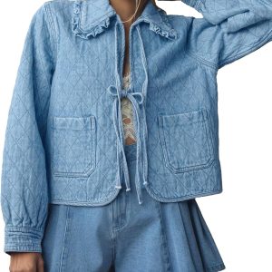 Women Denim Jacket Casual Long Sleeve Peter Pan Collar Denim Shirts Tie Front Shacket Loose Fit Top