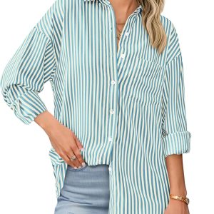 Womens Button Down Shirts Striped Shirt Long Sleeve Casual Collared Office Work Loose Fit Blouses Tops Pocket